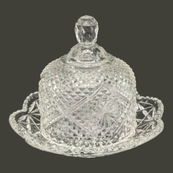Avon Covered Butter Cheese Dish Small Round Clear Cut Glass Plate and Dome 6x5 - Picture 3 of 9